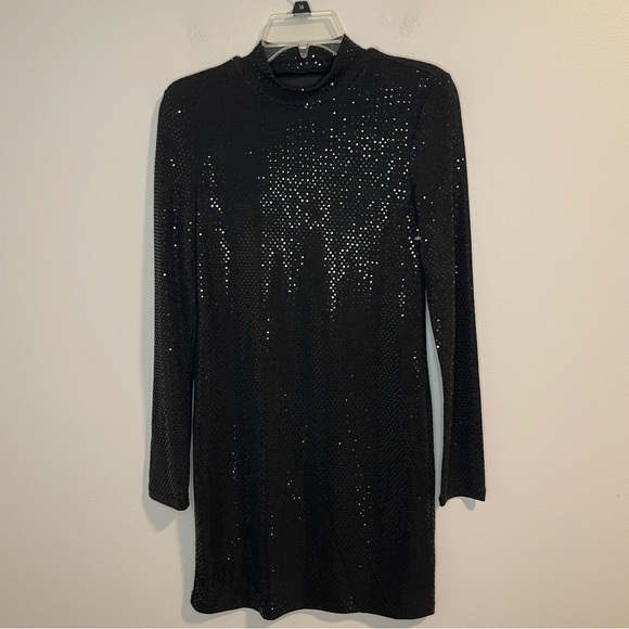 ELODIE SPARKLING LONG SLEEVE MINIDRESS Black M - Picture 1 of 5